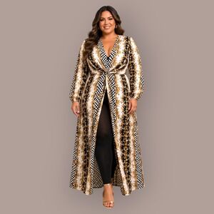 Ups & Downs 2X Baroque Checkered Maxi Dress‎ Gold Black White V‑Neck Twist Front